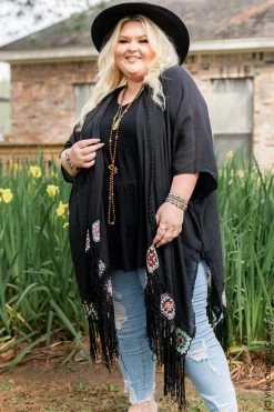 028 Granny Square Crochet Kimono - Black New Cardigans & Vests