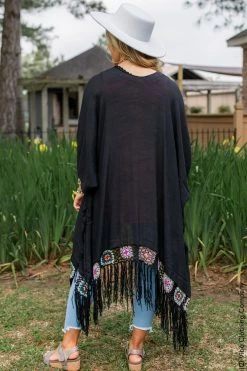 028 Granny Square Crochet Kimono - Black New Cardigans & Vests