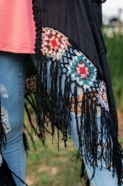 028 Granny Square Crochet Kimono - Black New Cardigans & Vests