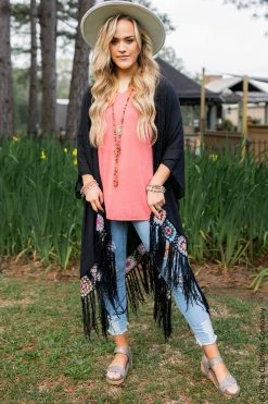 028 Granny Square Crochet Kimono - Black New Cardigans & Vests