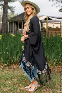 028 Granny Square Crochet Kimono - Black New Cardigans & Vests